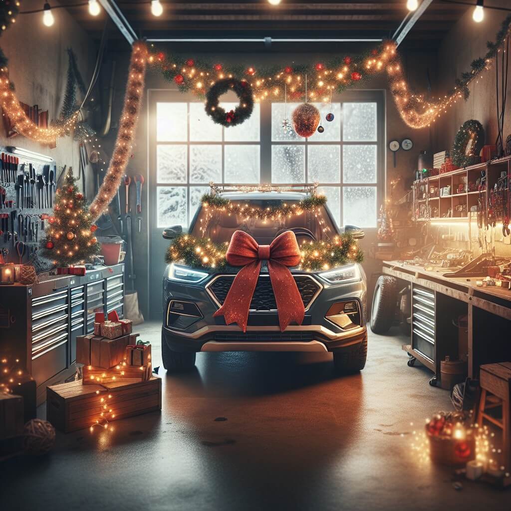 Weihnachtsdeko in der Autowerkstatt. KI generiert. Festlich geschmücktes Auto mit roter Schleife in einer weihnachtlich dekorierten Werkstatt. KI generiert.